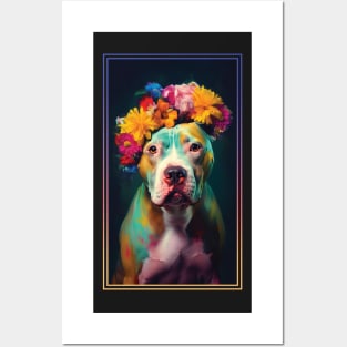 American Staffordshire Terrier Pitbull Vibrant Tropical Flower Tall Digital Oil Painting Portrait  10 Posters and Art
